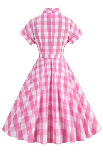 Pink Plaid Bowknot 1950s Dress With Short Sleeves